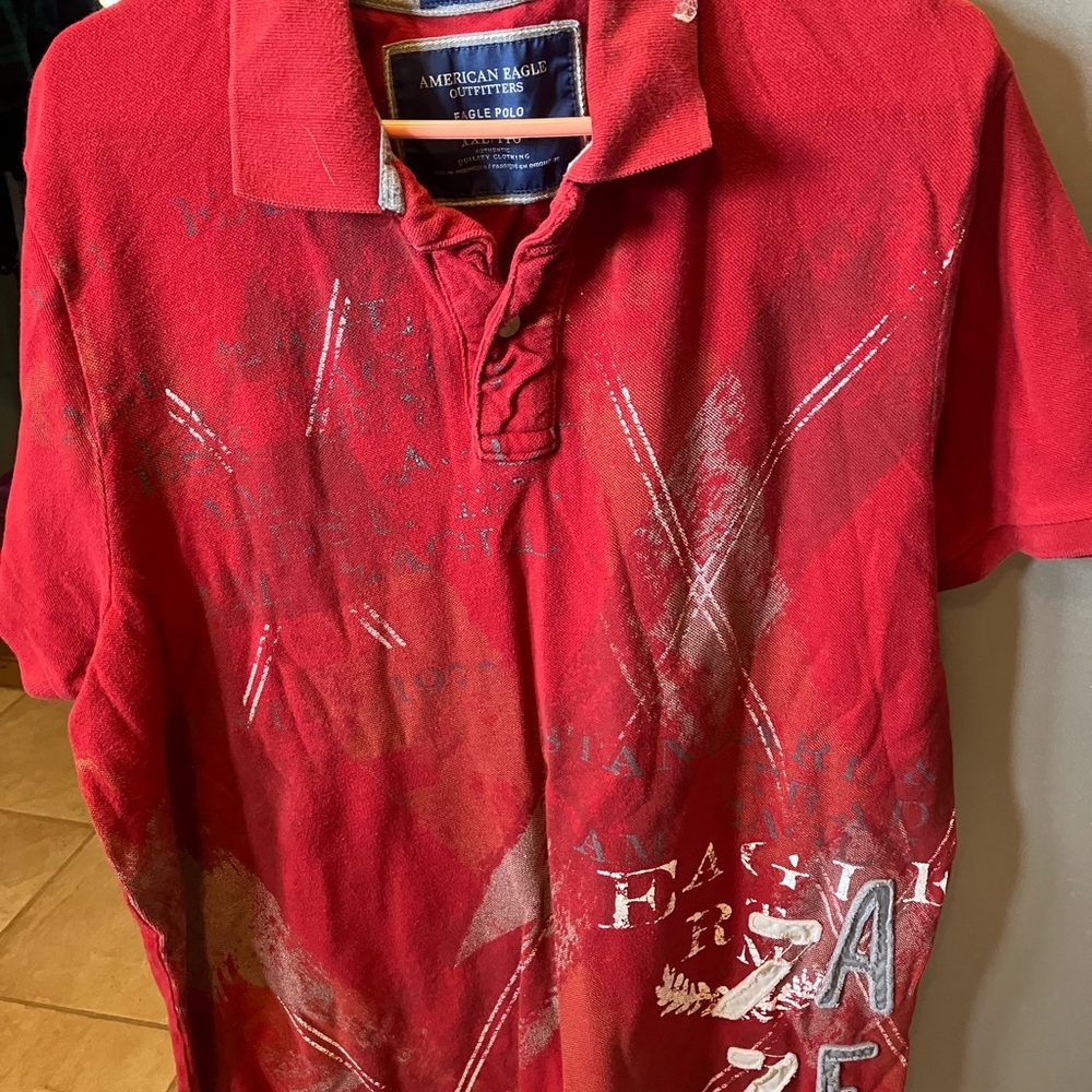 American Eagle Outfitters Red Polo Shirt with Stylish Patterns